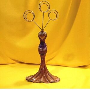 VTG Retro Brass Enamel Limestone Holds Cards Notes Photos Memos Victorian Lady